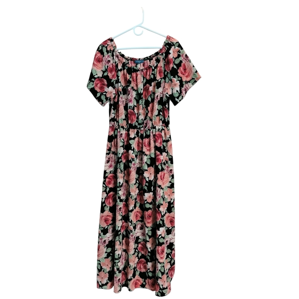 Scarlett Plus Black Pink Rose Floral Smocked Midi Dress Short Sleeve 3X Boho - Picture 2 of 3